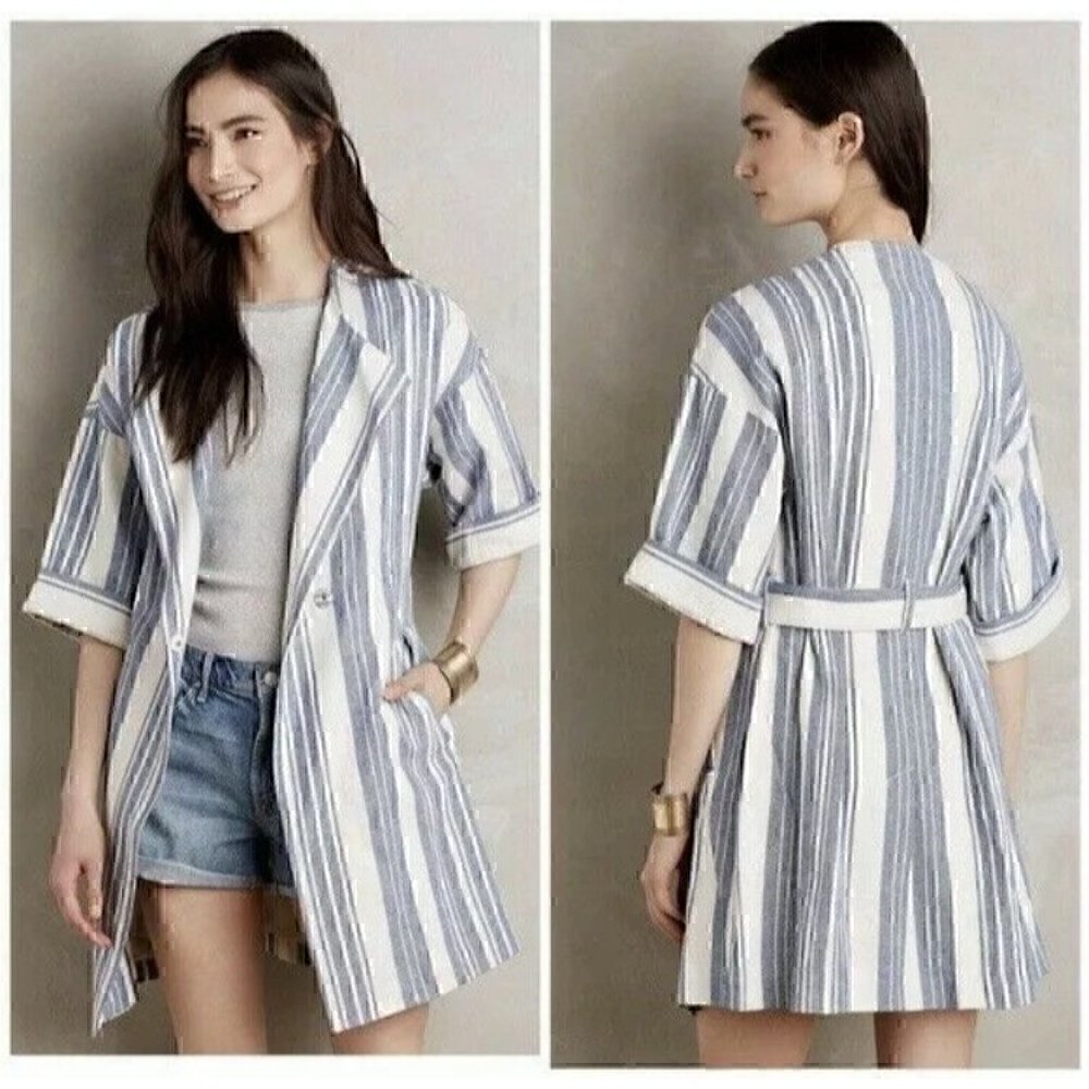 NEW Anthropologie Elevenses Blue White Striped Duster Jacket XS